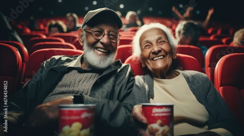 senior people's day concept. couple in love watching a movie and laughing in the cinema and eating popcorn photo