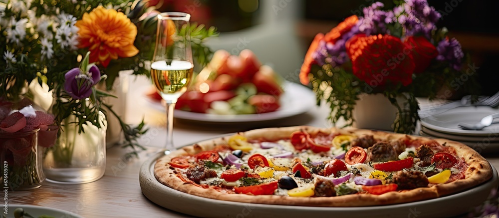 During the party at the white themed restaurant the man placed a colorful flower in the background as he enjoyed a delicious spread of healthy food on the table including a tempting pizza t