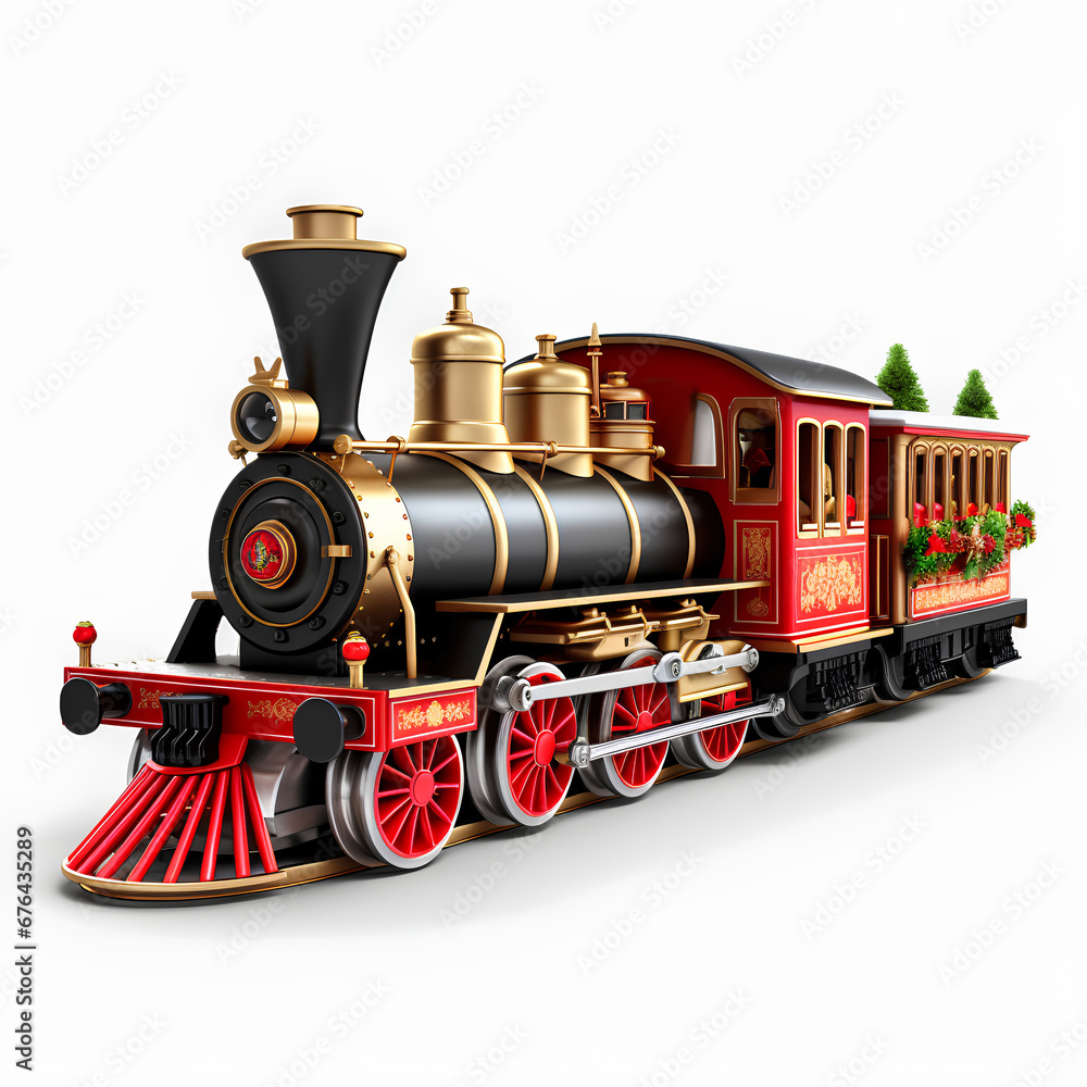 Toy Train White Background Graphic Resource Asset Christmas Tree Decorations Locomotive Holiday Spirit Present. Generative AI
