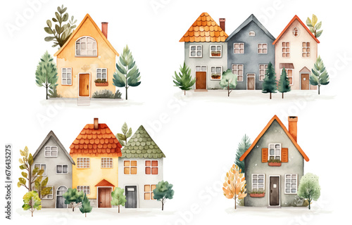 Set of scandinavian cards houses and trees. European street. Cute scandi watercolor homes. Childish illustration