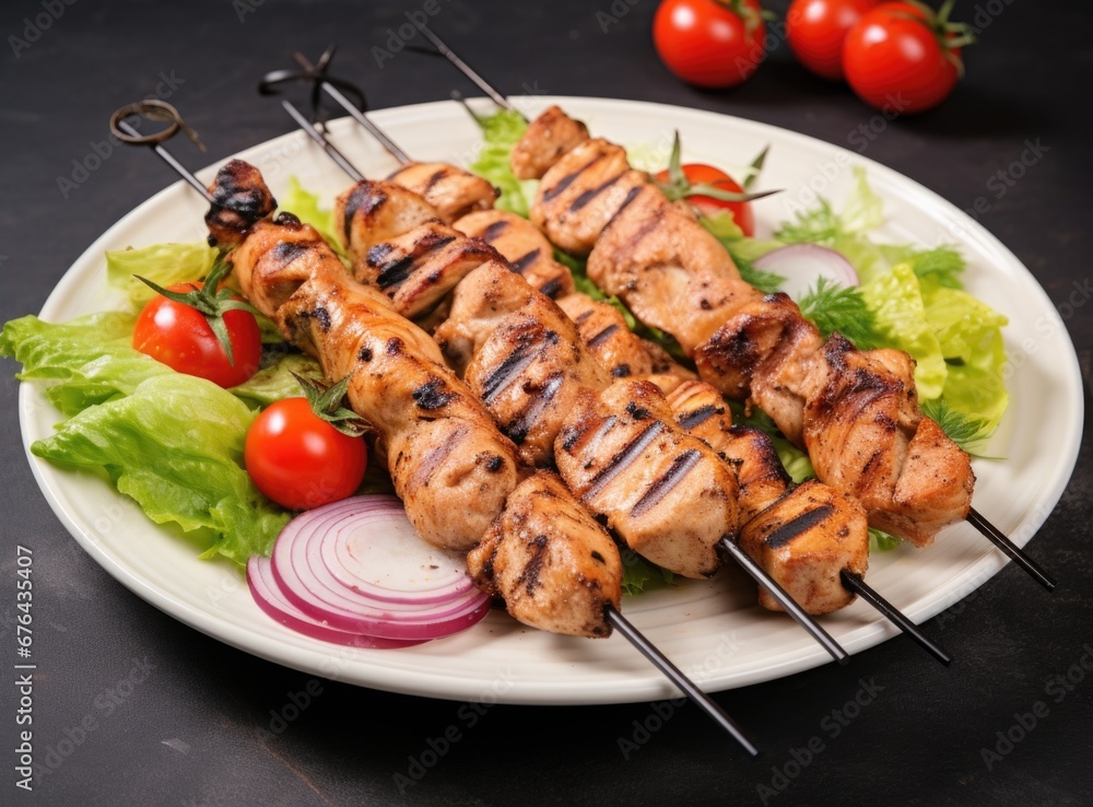 grilled chicken skewers on a white plate with tomatoes