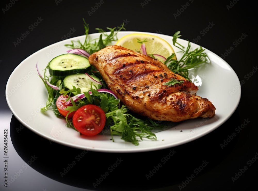 grilled chicken skewers on a white plate with tomatoes grilled chicken skewers on a white plate with tomatoes