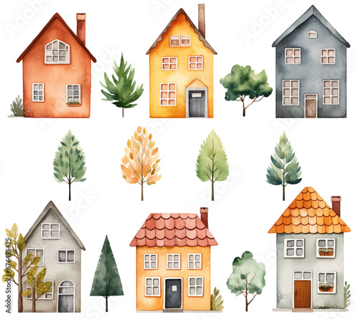 Set of watercolor scandinavian houses and trees. Cute childish buildings isolated. Trendy scandi vector elements
