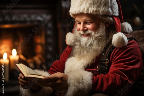 Jolly respite: Santa Claus enjoys a peaceful moment, seated by the fire with a good book in hand