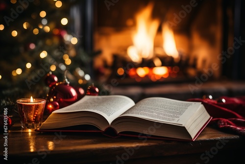 The warmth of home: open book next to a warm fireplace