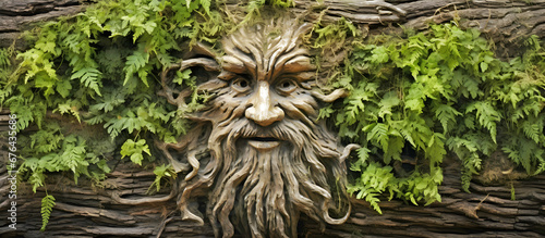 tree trunk with green man face. AI generated.