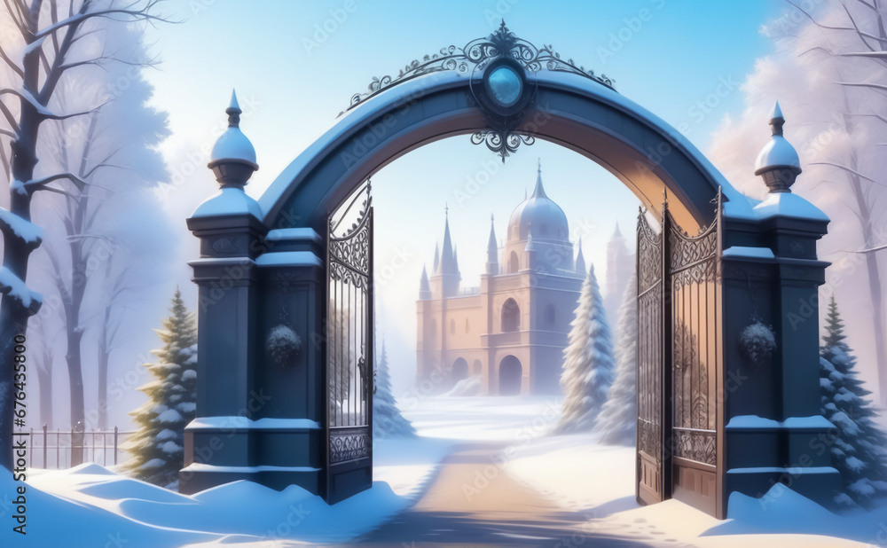 Fototapeta premium The gate is the entrance to the castle garden. Winter landscape. AI