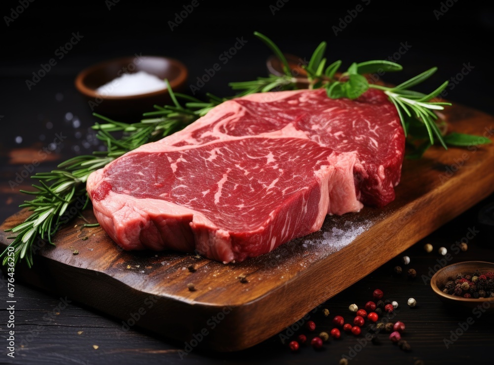 Raw beef steak with spices on a dark slate, stone or concrete background. 