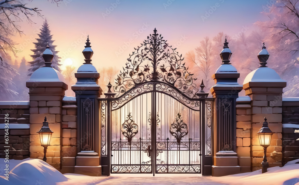 The gate is the entrance to the castle garden. Winter landscape. AI The gate is the entrance to the castle garden. Winter landscape. AI