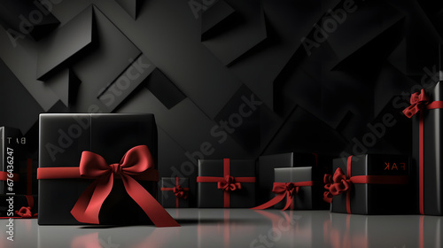Elegantly arranged and wrapped gifts in dark paper with red ribbon bow. Dark background with fog. Black friday & Cyber Monday banner, advertising illustration. © Hawk