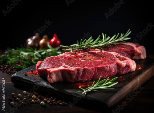 Raw beef steak with spices on a dark slate, stone or concrete background. 