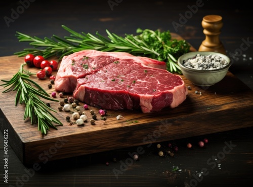 Raw beef steak with spices on a dark slate, stone or concrete background. 