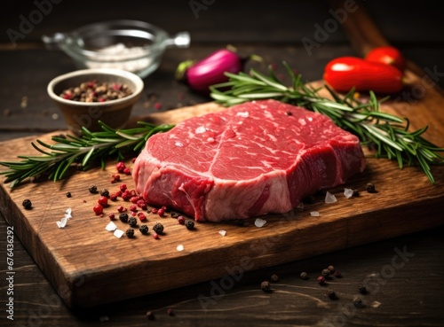 Raw beef steak with spices on a dark slate, stone or concrete background. 