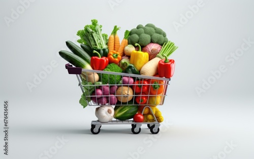 Supermarket shopping cart full of fresh vegetables and fruits, healthy organic food concept