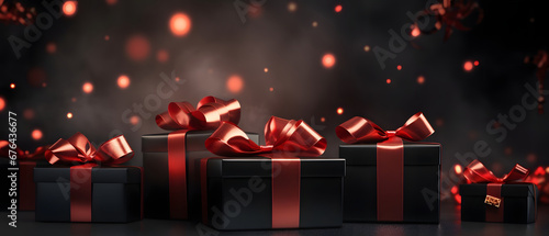 Elegantly arranged and wrapped gifts in dark paper with red ribbon bow. Dark background with fog. Black friday & Cyber Monday banner, advertising illustration.