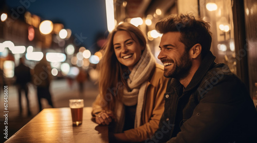 Happy couple laughing together on a city night date photo