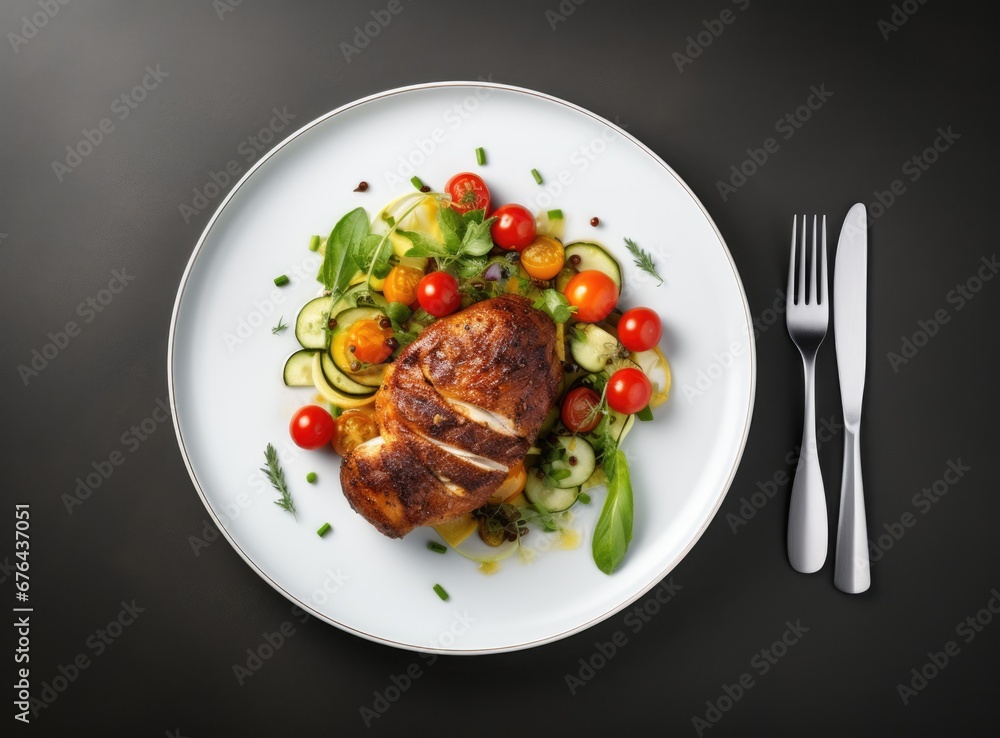 grilled chicken skewers on a white plate with tomatoes grilled chicken skewers on a white plate with tomatoes