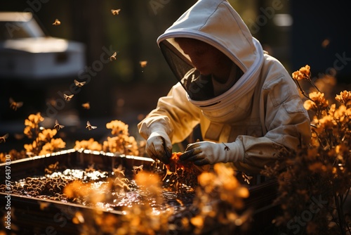 Beekeeper in action: A diligent apiarist tends to beehives, ensuring the health and productivity of the honeybee colony photo