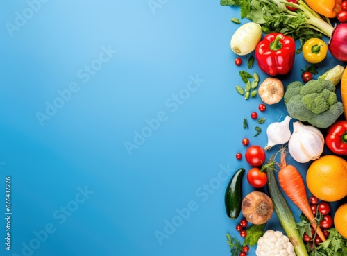 Different vegetables on blue background, top view