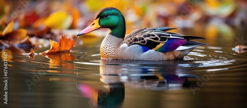 The colorful mallard scientifically known as Anas platyrhynchos gracefully glides across the shimmering lake its vibrant feather reflecting in the tranquil waters showcasing the beauty of th photo