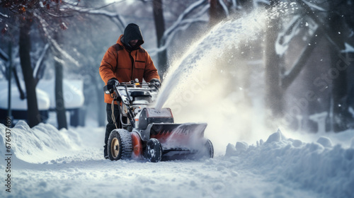 Snow blower powered by gasoline in action. Man outdoor in front of house using snowblower machine. Snow removal, thrower assistant in winter outside home. Young worker guy blowing snow during blizzard photo