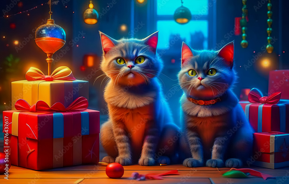 Beautiful cute cats with Christmas gifts in a festive interior