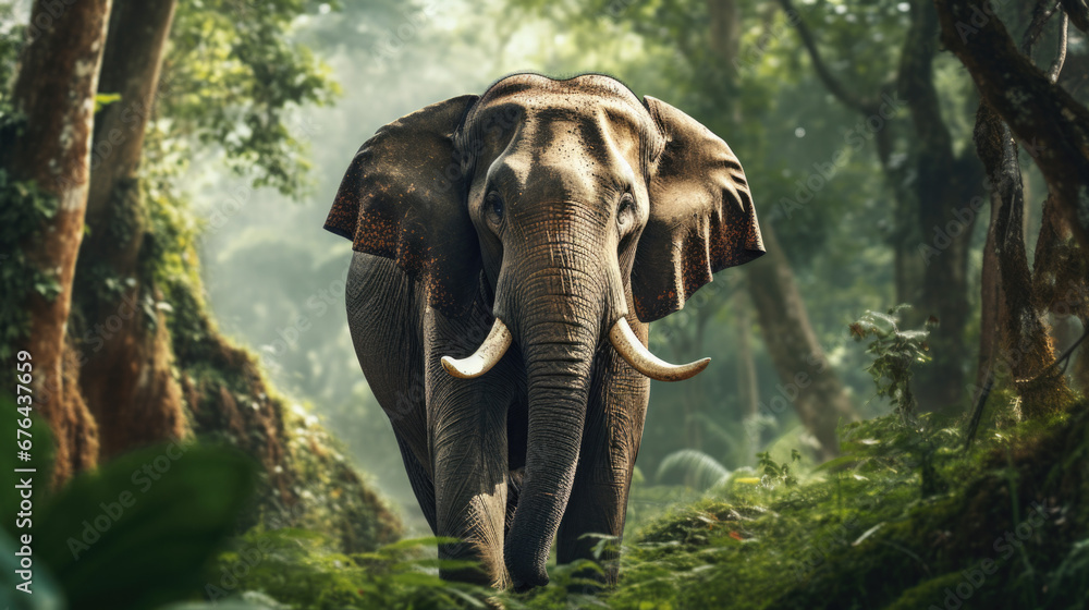 Adult Sri lankan elephant on the road. Sri Lankan elephant (Elephas maximus maximus). - obrazy, fototapety, plakaty 