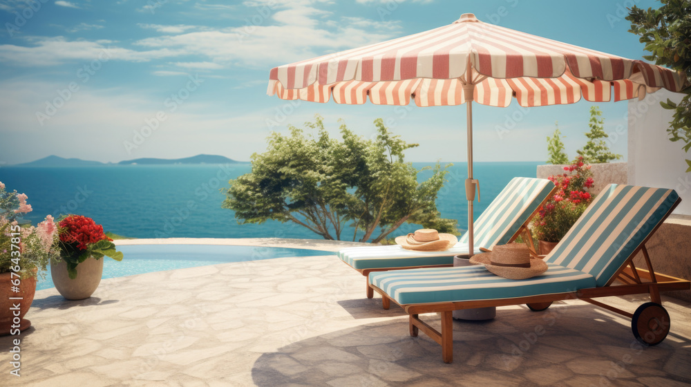 Obraz premium Chair on beach near sea, summer vacation and vacation concept for travel, inspiring tropical landscape.