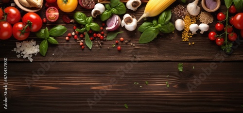 Wooden background with ingredients, fresh greens and textile for food menu. 