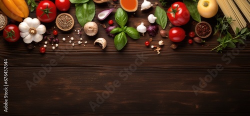 Italian food cooking ingredients. Pasta, vegetables, spices. Top view with copy space
