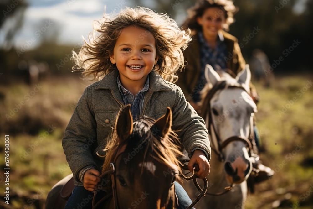Child riding a horse through nature - obrazy, fototapety, plakaty 