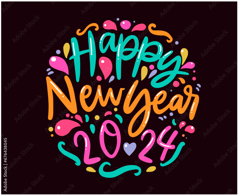 Happy New Year 2024 Holiday Design Multicolor Abstract Vector Logo Symbol Illustration With Black Background