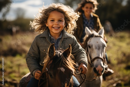 Child riding a horse through nature