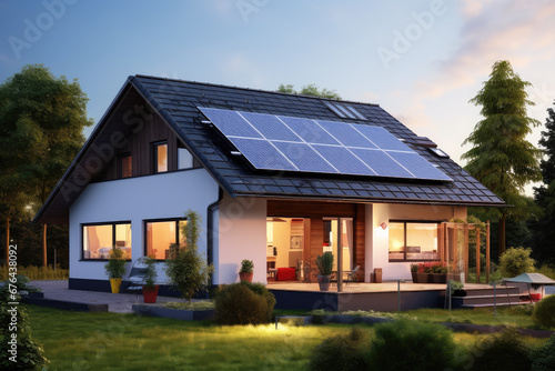 Newly buildied home with solar panels on the roof © Slepitssskaya