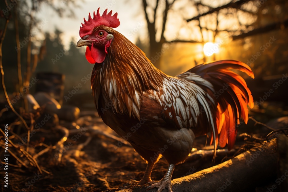 A confident rooster perched on a fence heralds the beginning of a new day on the rural farm
