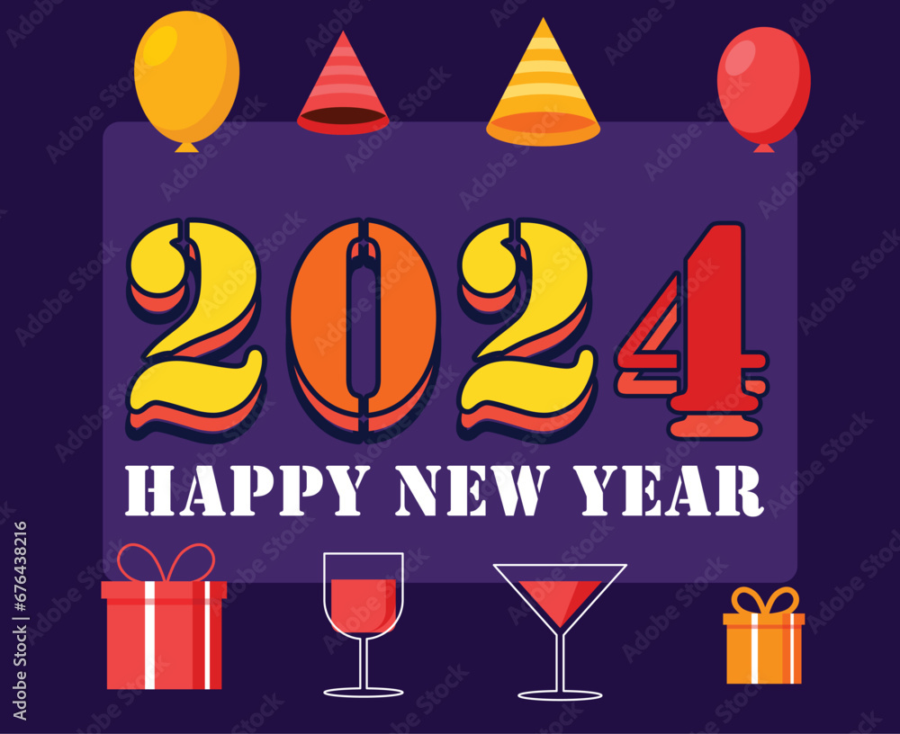 Happy New Year 2024 Holiday Design Multicolor Abstract Vector Logo Symbol Illustration With Purple Background Happy New Year 2024 Holiday Design Multicolor Abstract Vector Logo Symbol Illustration With Purple Background