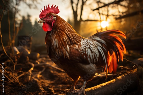 A confident rooster perched on a fence heralds the beginning of a new day on the rural farm
