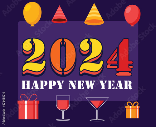 Happy New Year 2024 Holiday Design Multicolor Abstract Vector Logo Symbol Illustration With Purple Background