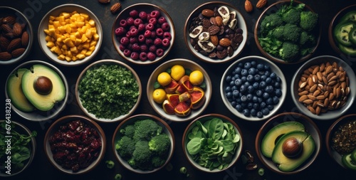 various healthy foods in bowls on a gray background