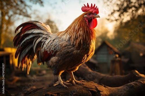 Rustic charm captured as a regal rooster greets the day with a resounding crow in the farmyard photo