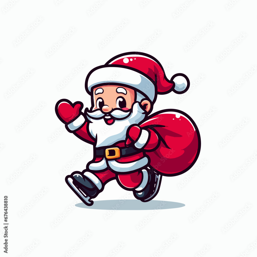 Cute hand drawn cartoon santa claus logo, vector illustration of santa claus with sack of gifts skiing on the floor, Cute Santa Skiing Logo