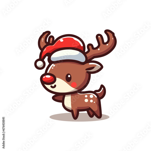 cute hand drawn cartoon reindeer with santa hat, reindeer logo
