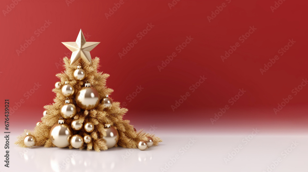 Etoiles et boules de Noël décoratives sur un sapin. Ambiance festive et hivernale, rouge, doré, blanc. Espace vide de composition pour conception et création graphique.