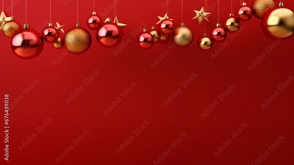 Etoiles et boules de Noël décoratives. Ambiance festive et hivernale, rouge, doré. Espace vide de composition pour conception et création graphique. Etoiles et boules de Noël décoratives. Ambiance festive et hivernale, rouge, doré. Espace vide de composition pour conception et création graphique.