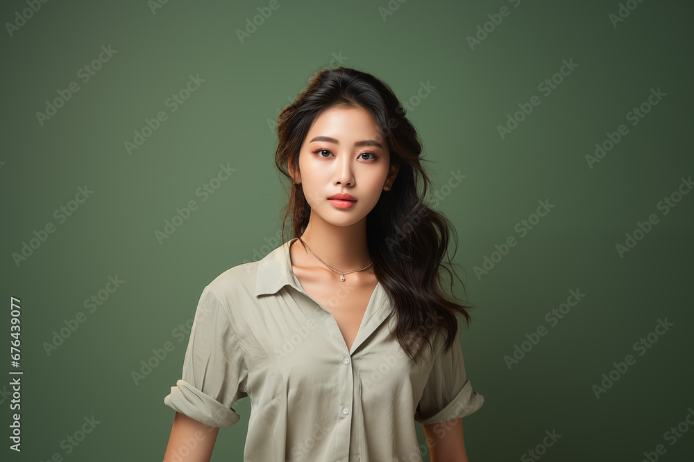 Asian woman with wavy long hair, wearing a pastel green long-sleeve shirt with rolled-up sleeves. Asian woman with wavy long hair, wearing a pastel green long-sleeve shirt with rolled-up sleeves.