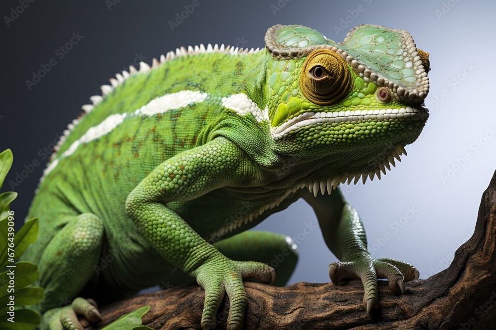 Fototapeta premium A green and white chamelon sitting on a branch.