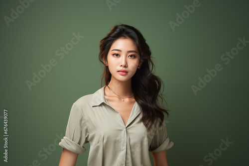 Asian woman with wavy long hair, wearing a pastel green long-sleeve shirt with rolled-up sleeves.