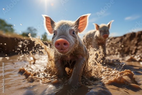 piglets frolicking in the mud on a sunny day © Dejan