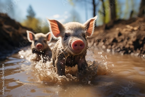 piglets frolicking in the mud on a sunny day photo