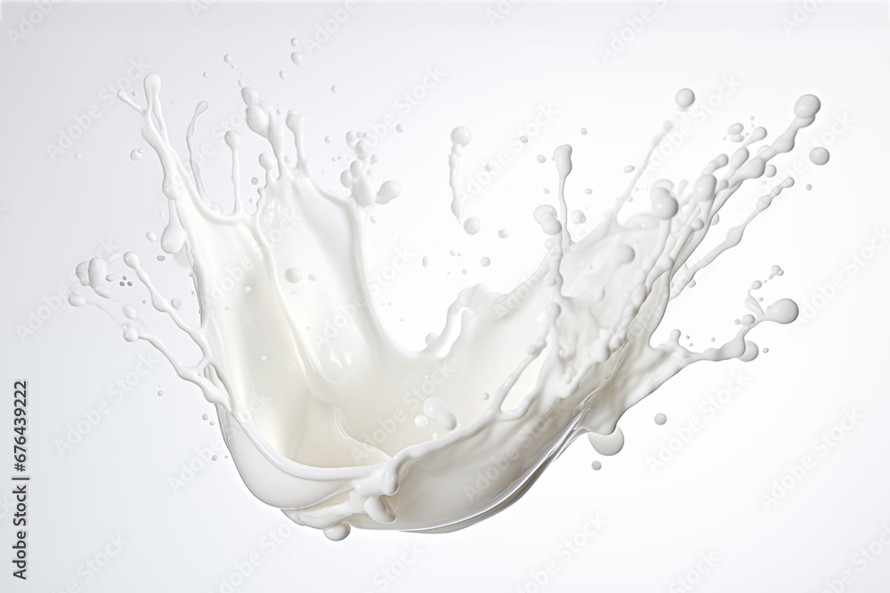 Milk splash frozen in time against a pristine white background